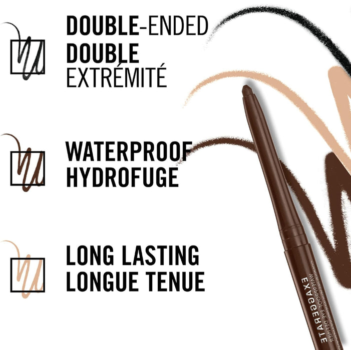 Eyebrow pencil shown on a white background with text highlighting double-ended use, waterproof/hydrophobic finish, and long lasting performance. The pencil is dark brown and angled diagonally with cosmetic swatches in beige and brown behind it.
