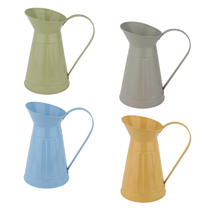 A collection of four metal garden pitchers in assorted colors: green, gray, blue, and yellow.
