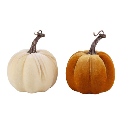 Two plush velvet decorative pumpkins on a white background, one in cream and one in orange, each with a dark brown faux stem.