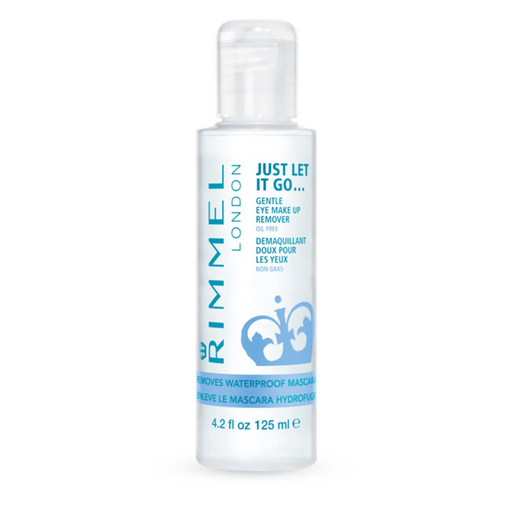 A bottle of Rimmel London Just Let It Go Gentle Eye Make Up Remover on a solid white background.
