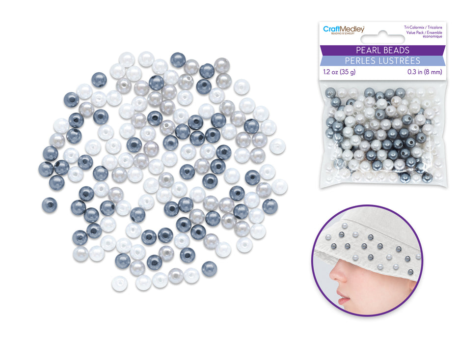 PEARL BEADS: 8MM GLOSS TRI-COLOR MIX 35GMS