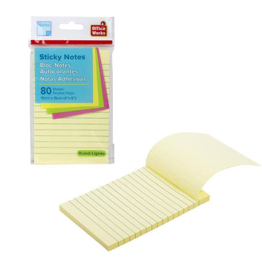 Packaged yellow sticky notes with a visible stack of notes on a white background, featuring Office Works branding.