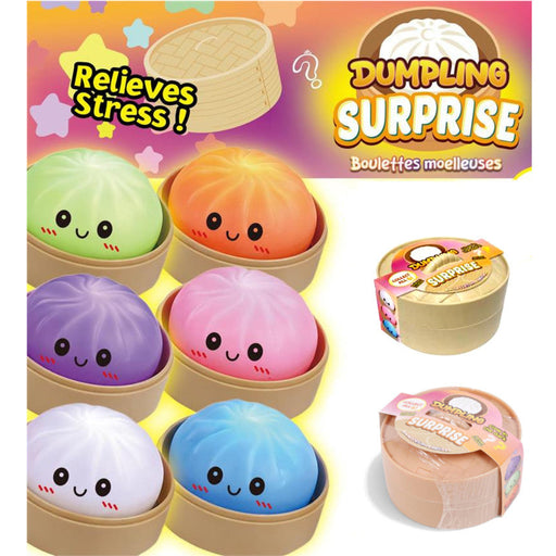 Dumpling Surprise Bouleuses toy set featuring six colorful, smiling steamed dumplings in tan bamboo-style holders, with two sealed round packages shown on the right. The packaging includes a colorful header card reading 'Dumpling Surprise' and 'Relieves Stress!'.