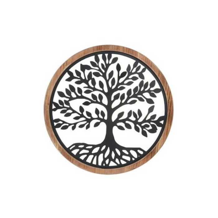 Wood framed metal Tree of Life wall art with intricate black tree design, 15.75 inches