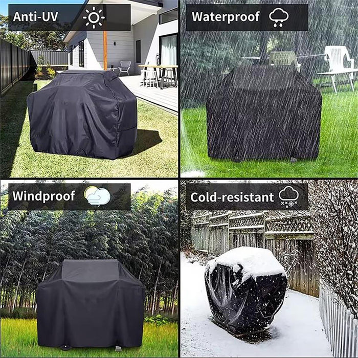 Black grill cover with features labeled Anti-UV, Waterproof, Windproof, and Cold-resistant.