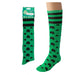 Green knee-high socks with black shamrock pattern and packaging on a white background