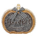A decorative pumpkin-shaped sign with a faux chalkboard center reading “GIVE thanks,” a wooden-look border, a bead-like edge, and a black-and-white gingham bow at the top, shown on a white background.