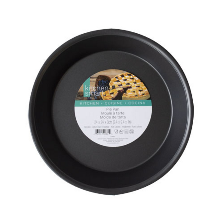 Black pie pan with a label on a white background
