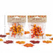 Two clear plastic bags of artificial fall berry branches with brown stems and orange, yellow, and red berries, each with a kraft paper header card reading 'Fall Harvest.' A black height marker on the left indicates 7 inches.