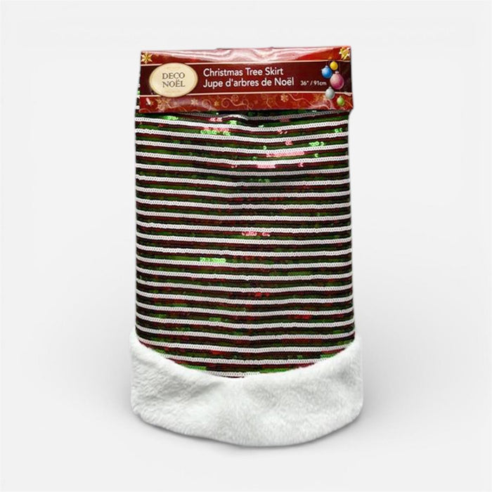 A packaged Christmas tree skirt with horizontal black, red, and white stripes and small green and pink holiday accents, plus a white faux-fur cuff, shown on a light gray background.