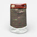 A packaged Christmas tree skirt with horizontal black, red, and white stripes and small green and pink holiday accents, plus a white faux-fur cuff, shown on a light gray background.