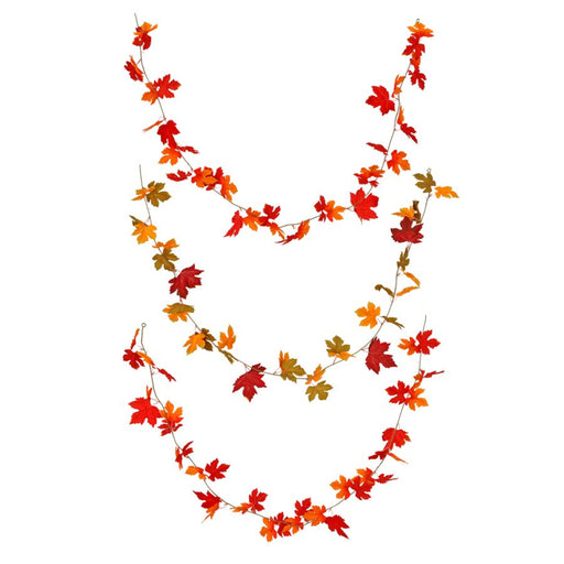 An autumn leaf garland made of artificial maple leaves in shades of red, orange, yellow, and green, arranged in a U-shape on a plain white background.