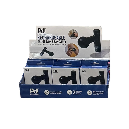 Display of rechargeable mini massagers with packaging on a white background
