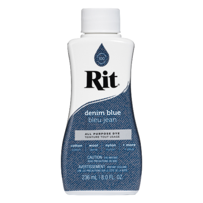 Rit denim blue all-purpose dye bottle on a white background