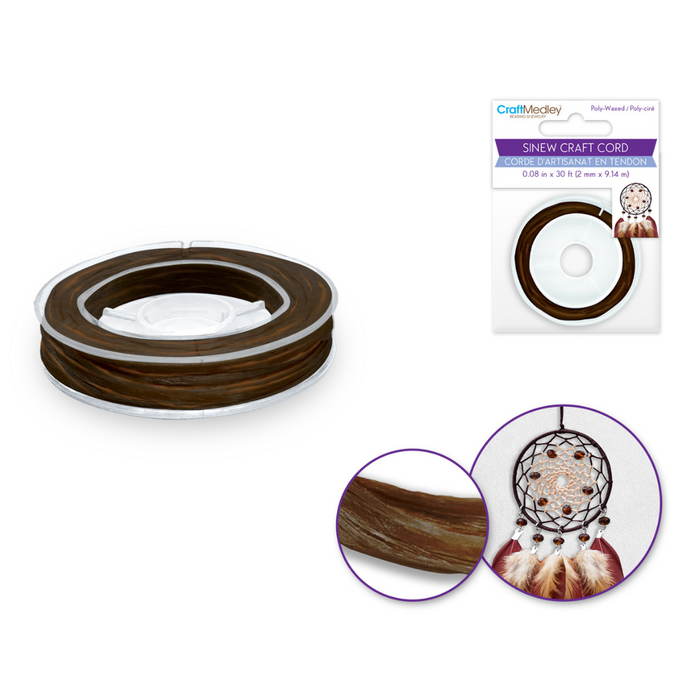 Dark brown poly-waxed sinew cord on a spool, shown with product packaging and a close-up of the cord’s fibrous texture. Inset image features a dreamcatcher crafted with the sinew.