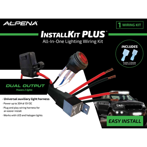 Alpena InstallKit Plus wiring kit packaging with text and product images on a white background
