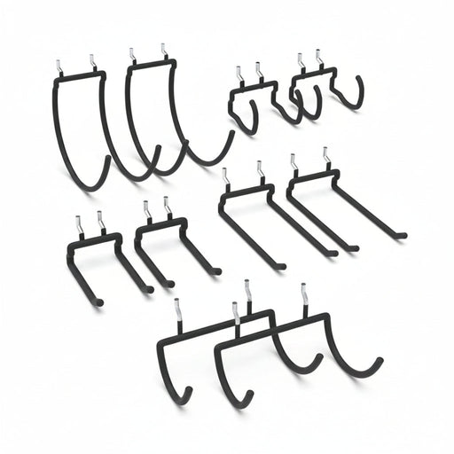Set of black metal hooks on a white background