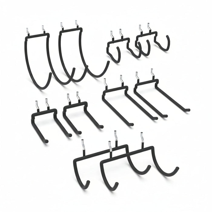 Set of black metal hooks on a white background