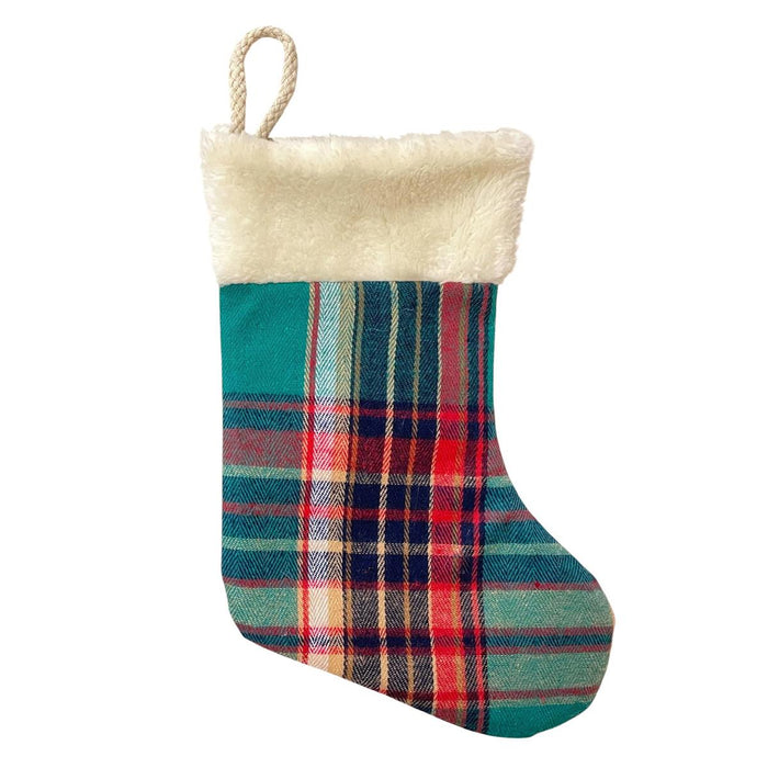 DECO N. CHRISTMAS 9.85" GREEN RETRO PLAID STOCKING W CUFF