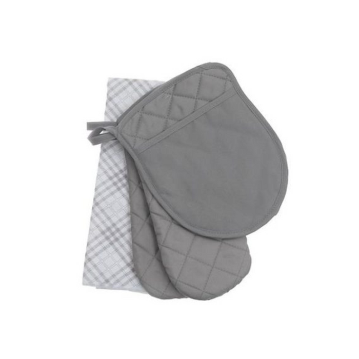 Grey Set Image: 4-piece grey trellis kitchen set with pot holder, two quilted oven mitts, and matching kitchen towel