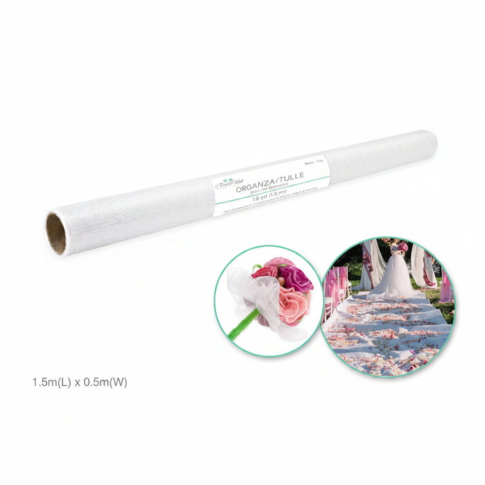 A roll of white organza/tulle wedding fabric shown on a white background, with two circular inset photos demonstrating use: a bouquet wrap and a wedding aisle runner. Text at bottom left reads 1.