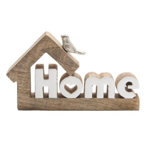 Wooden decorative sign with 'Home' text and a small bird figurine on a white background