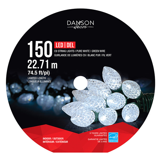 150 FACETTED C9 LED LIGHTS, INDOOR/OUTDOOR, GREEN WIRE - PURE WHITE