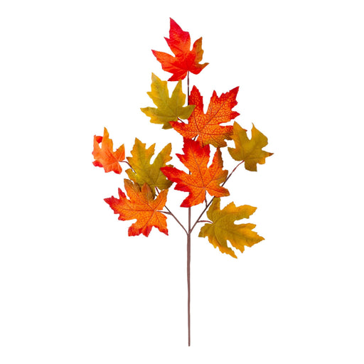 An artificial autumn maple leaf stem featuring vibrant red, orange, yellow, and green leaves on a plain white background.
