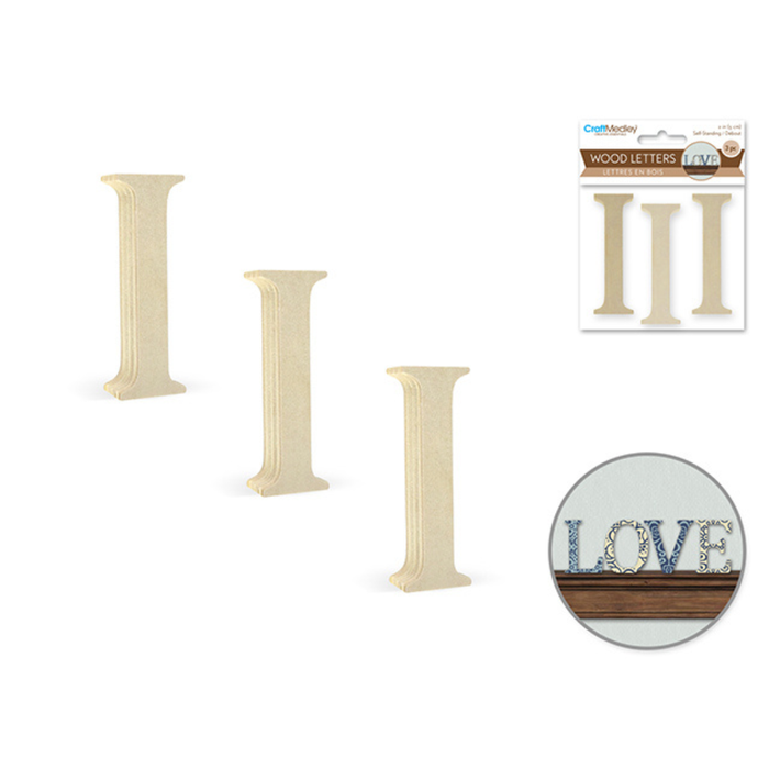 Wooden letter 'I' with packaging and a decorative use example on a white background