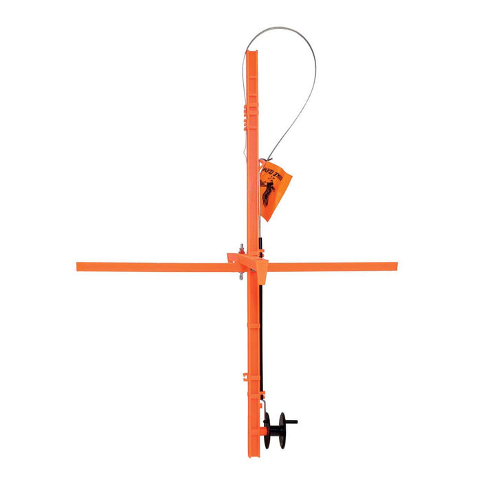 Orange metal stand with a fishing rod on a white background