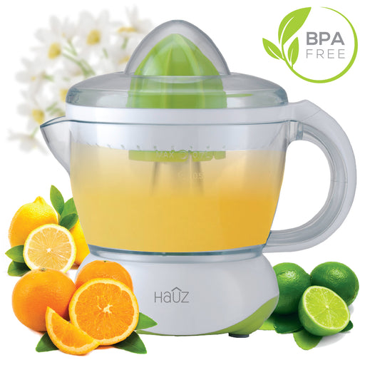 Juicer with a glass container filled with orange juice, surrounded by oranges, lemons, and limes, with 'Hauz' branding and a BPA-free label.