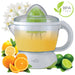 Juicer with a glass container filled with orange juice, surrounded by oranges, lemons, and limes, with 'Hauz' branding and a BPA-free label.