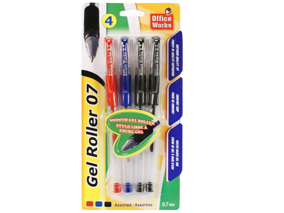 GEL ROLLER BALL PEN, BLUE, BLACK,  RED 0.7MM 4 PCS