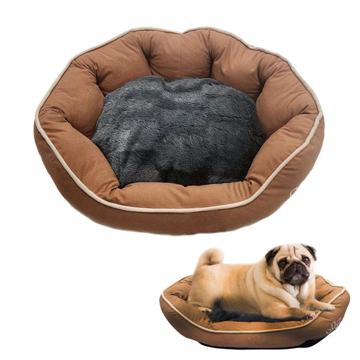 Brown pet bed with gray cushion and a pug inside on a white background