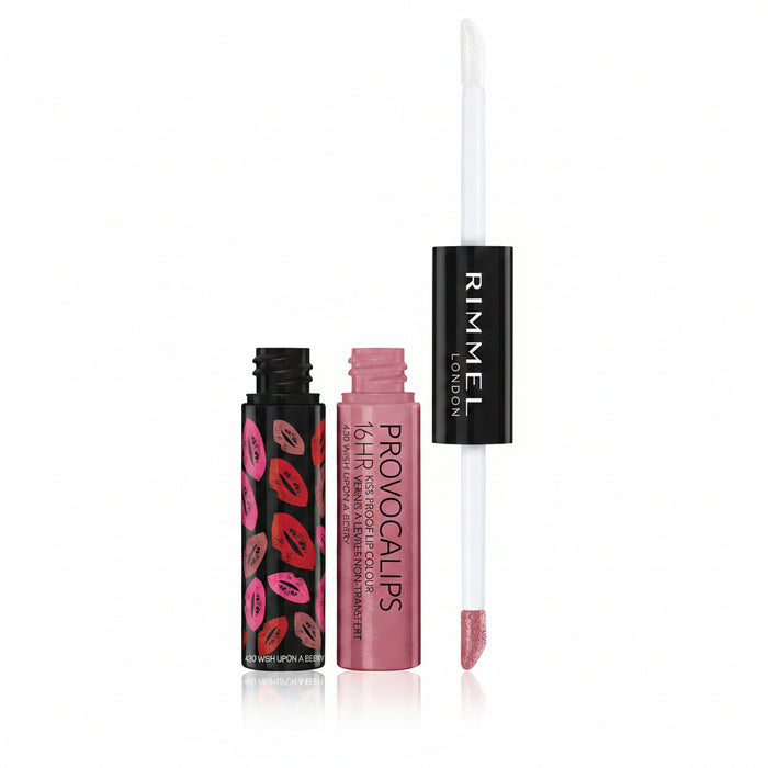 Rimmel London Provocalslips 16 Hour Kiss Proof Lip Colour shown with three product components: a black tube decorated with pink and red lip prints, an open pink cap, and a white applicator wand with a pink glossed tip, all on a white background.