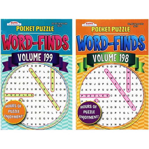 Two Kappa Pocket Puzzle Word-Finds books, Volume 198 and Volume 199, on a white background.