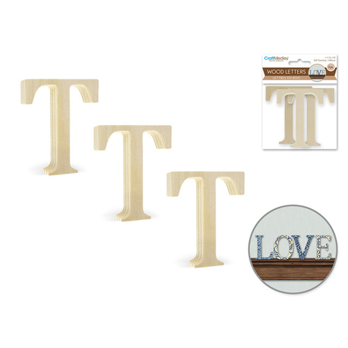 Set of wooden letter 'T' with packaging and a decorative use example on a white background