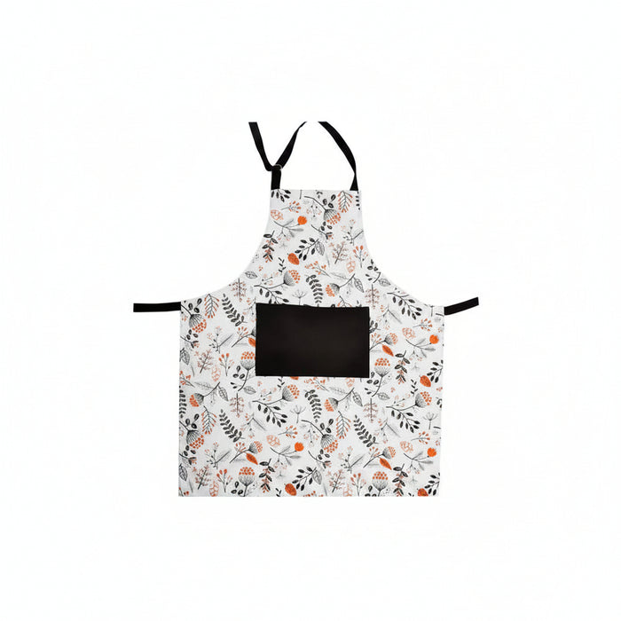A white kitchen apron with a black neck strap and waist ties, featuring an all-over botanical pattern of orange berries, pinecones, and gray leaves. It has a large black rectangular pocket on the front.