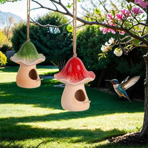 Two mushroom-shaped birdhouses hanging from a tree branch with a hummingbird in the foreground.