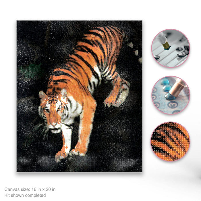Diamond painting kit with a tiger design on a black background, showing tools and materials included.