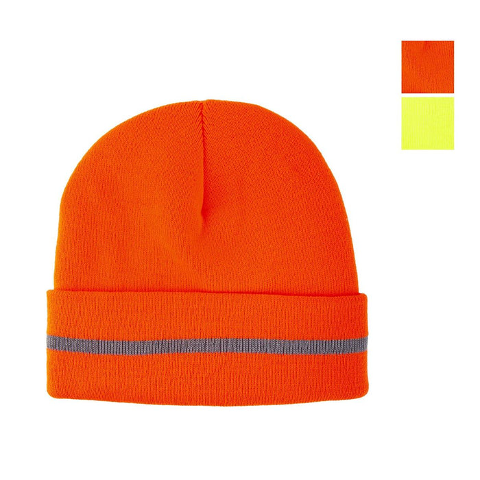 Orange beanie with reflective strip on a white background