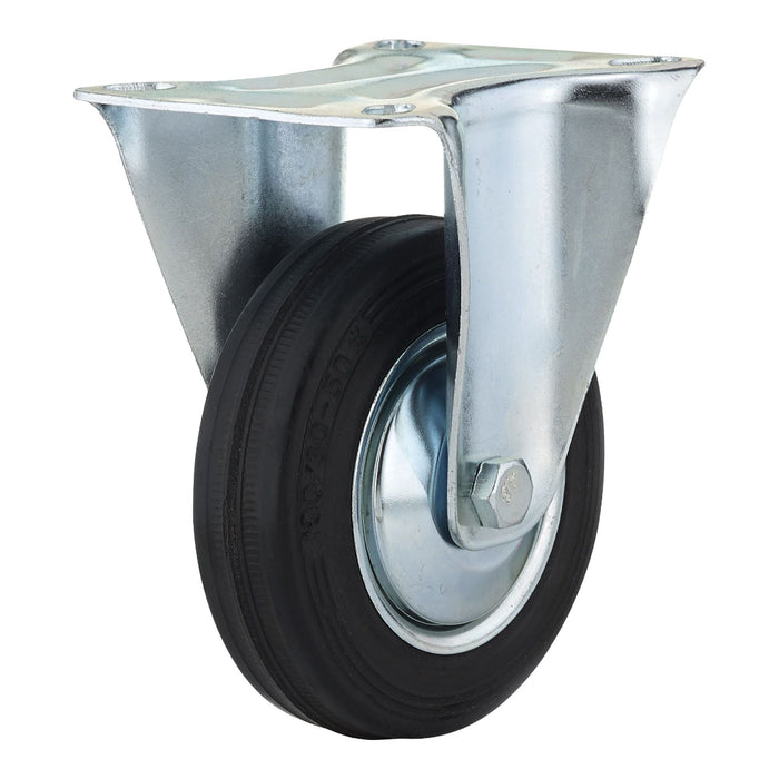 Caster wheel with black tire and metal bracket on a white background