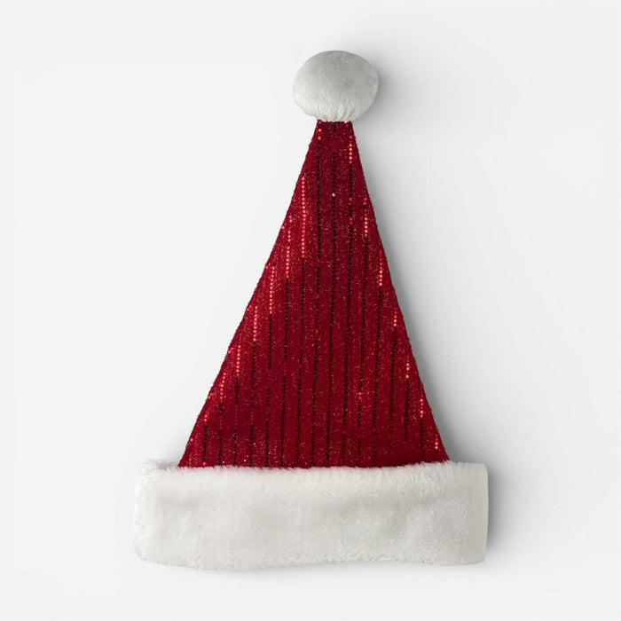 A red sequined Santa hat with a white faux fur trim and a white pom-pom, photographed against a clean white background.