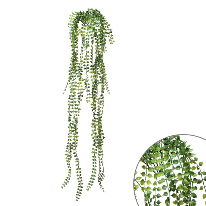 Green trailing artificial ivy vine with small oval leaves hanging from a central stem, shown on a white background with a circular inset detail of the leaf texture.
