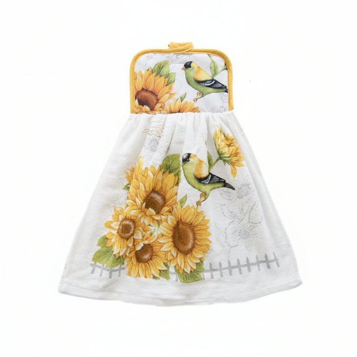 TIE HAND TOWEL- FINCH WITH SUNFLOWERS