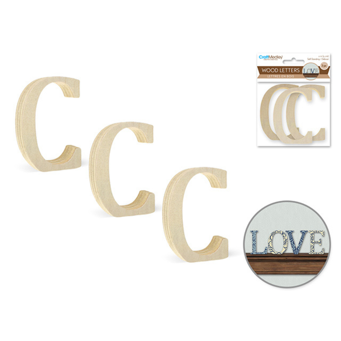 Wooden letter 'C' with packaging and a decorative use example on a white background