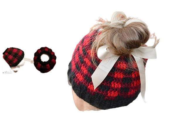 BUFFALO PLAID ADULT MESSY BUN HAT