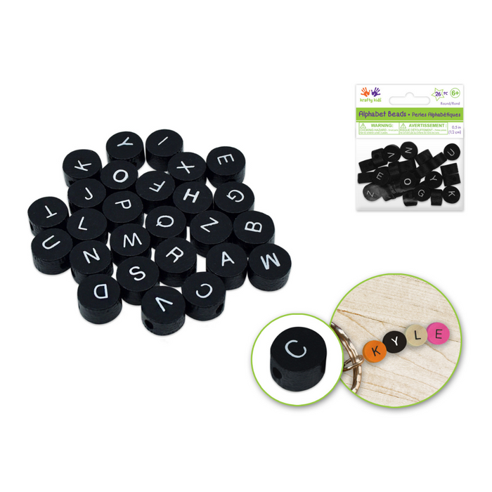 Set of 26 round black alphabet beads with white lettering; shown loose, in retail packaging, and arranged in a keychain spelling "KYLE."