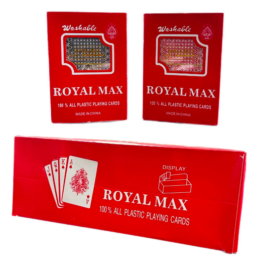 Two red boxes of Royal Max playing cards on a white background