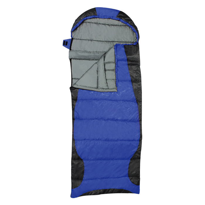 Blue and black sleeping bag on a white background